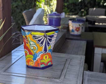 Talavera Hexagon Flower Pot | Hand painted Mexican Pottery Garden Decor | Housewarming Gift