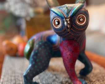 Handmade Mesmerizing Wings Aqua Blue Owl Wooden Alebrije Figure