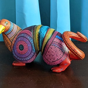 4.5 Inches in Height. Original. Handmade, Hand Painted, Animal Wood Carving, Yellow Colored Snout, Copper Colored Tail, Colorful Patterned Body, Armadillo Alebrije, Oaxacan Art