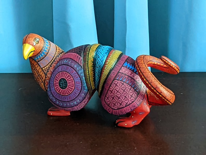 4.5 Inches in Height. Original. Handmade, Hand Painted, Animal Wood Carving, Yellow Colored Snout, Copper Colored Tail, Colorful Patterned Body, Armadillo Alebrije, Oaxacan Art