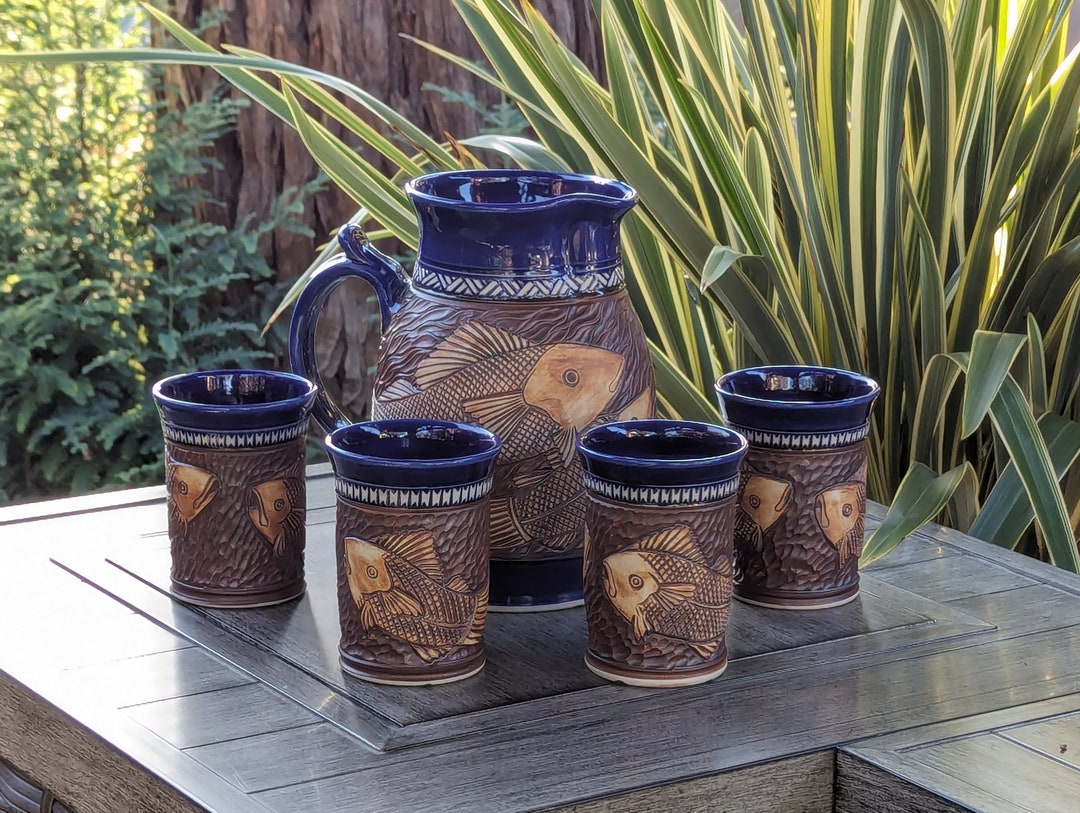 Foxlo Ceramic Pitcher & Four Glasses, Vintage Water Pitcher Handmade ...