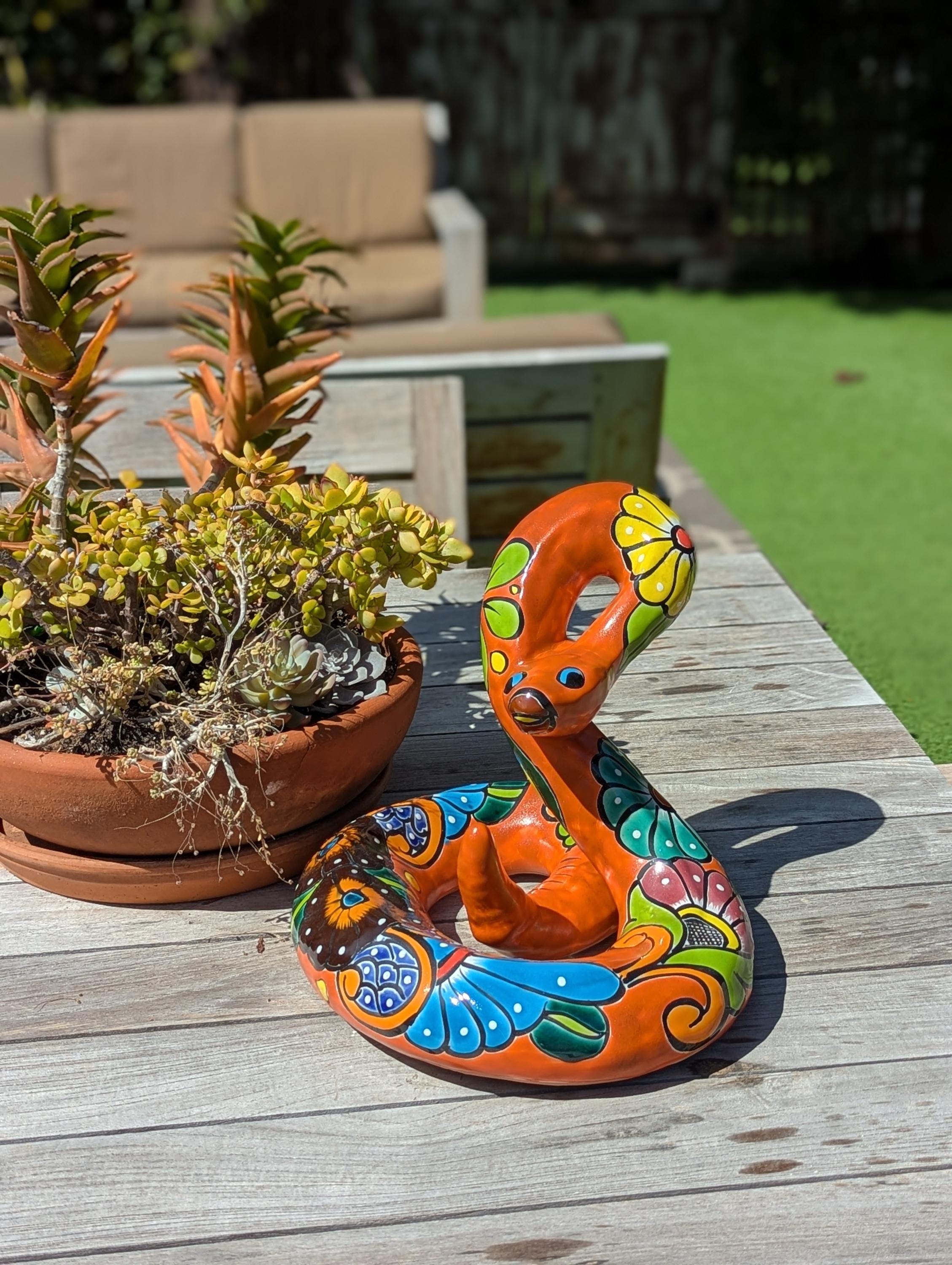 Rattlesnake Figurine is Ceramic Talavera Mexican Pottery | Outdoor