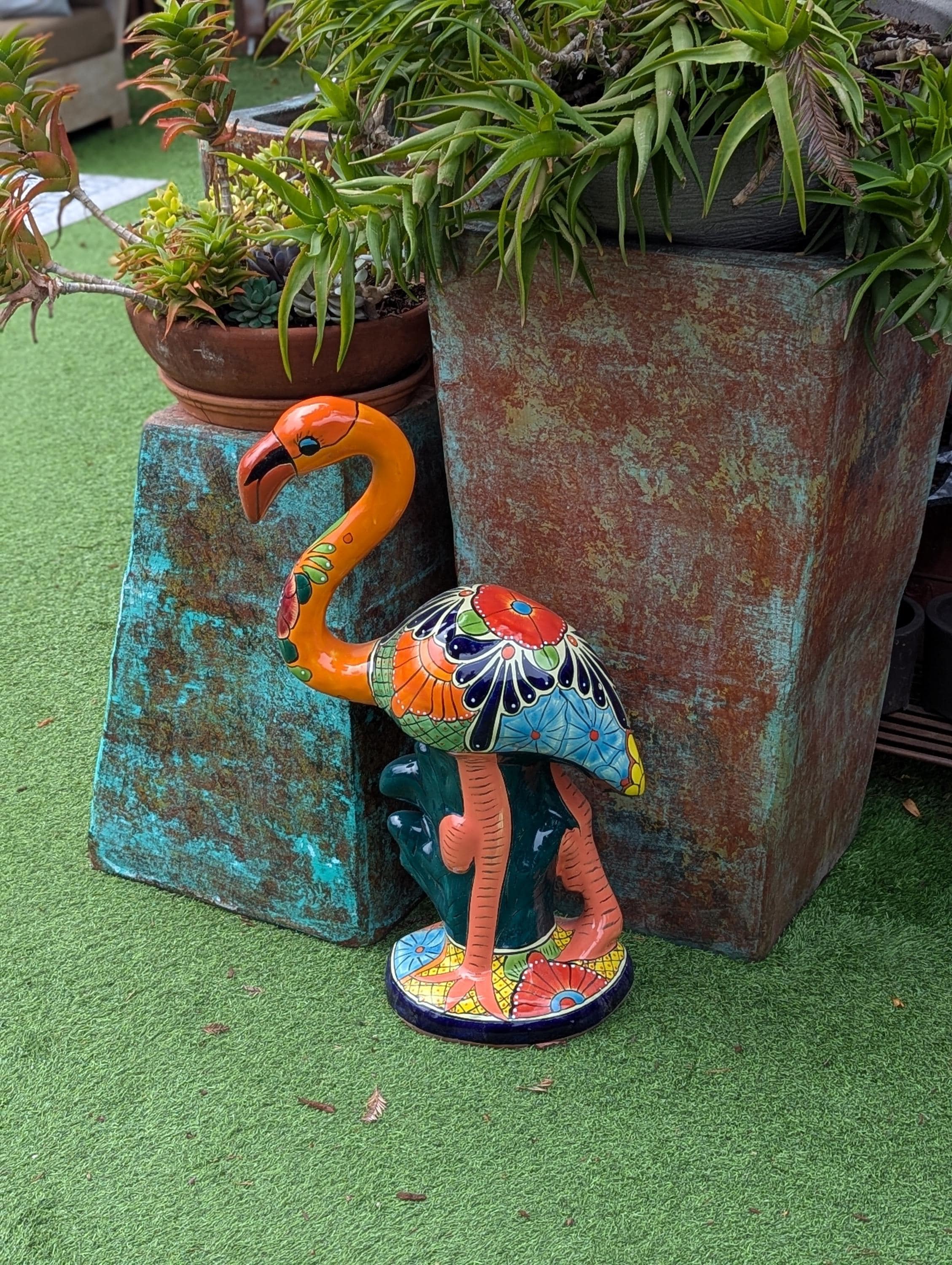 Orange Flamingo Garden Decor is Ceramic Mexican Talavera Pottery