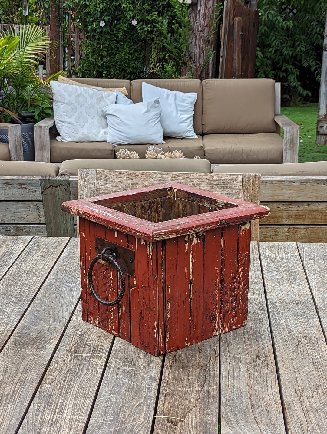 Rustic Wooden Box Planter in Maroon for Outdoor Garden Decor or Porch ...
