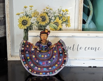 Oaxacan Woman Statuette Holding Skirt Mexican Clay Art, Colorful Figurine Collectible Human Figurine, Home Decor by Jose Juan Aguilar