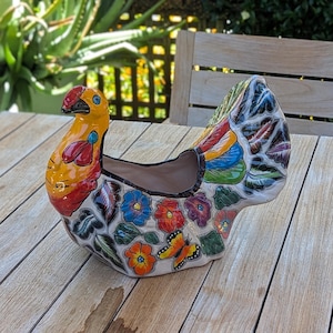 Fancy Chicken Flower Pot is a Ceramic Talavera Planter | Handmade Mexican Pottery good as Indoor Home Decor or Outdoor Planter Pot
