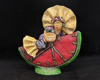 Handmade Gift | Woman on the Clock Original Folk Art & Mexican Clay Figurine, Unique Home Décor from Oaxaca, Mexico by Jose Juan Aguilar