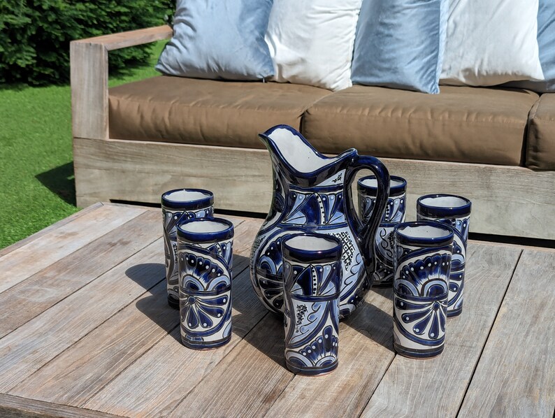 Talavera Ceramic Pitcher Set, Handmade Mexican Pottery, Blue & White ...