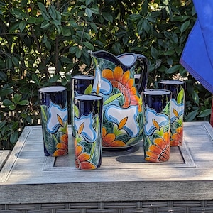 Talavera Ceramic Pitcher & Six Glasses, Handmade Mexican Pottery, Ceramic Water Pitcher Set for the Kitchen or Dining Room or Outdoor Picnic
