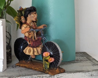 Handmade Gift | Woman on Bicycle with 4 Monkeys Original Art & Clay Figurine, Unique Home Decor from Oaxaca, Mexico by Jose Juan Aguilar