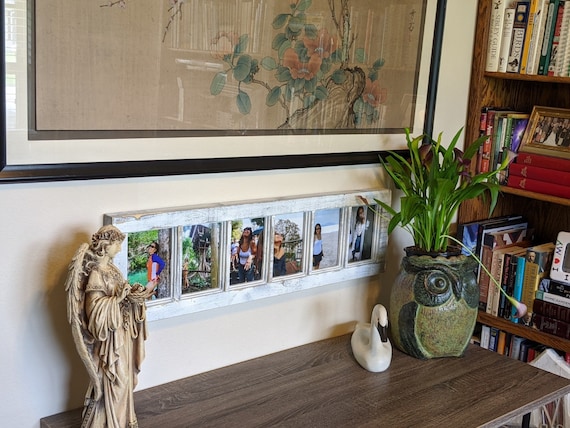 Rustic Photo Frame for 6 Pics | White Wood Window Pane Hangs Vertically or Horizontally