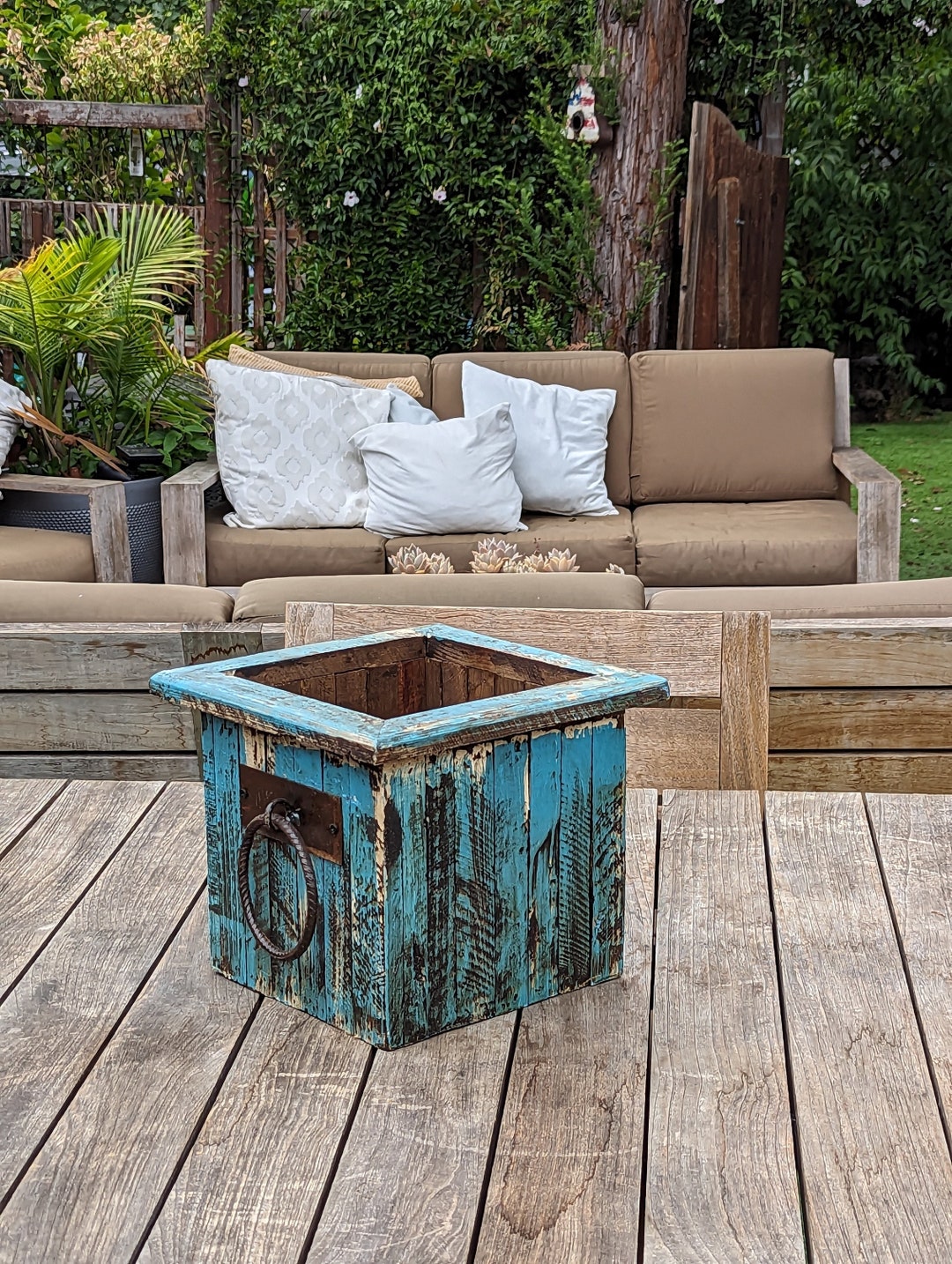 Wooden Planter Box, Rustic Blue Outdoor Garden Decor, Handmade in ...