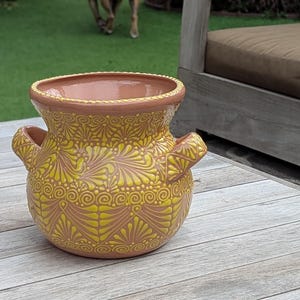 Puede incluir: Una maceta de terracota con un diseño floral amarillo y marrón. La maceta tiene dos asas a los lados.