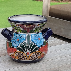 Colorful 10.5&quot; Round Planter Talavera Ceramic Flower Pot, Handmade Mexican Pottery Outdoor Garden Decor or Indoor Home Decor is Unique Gift
