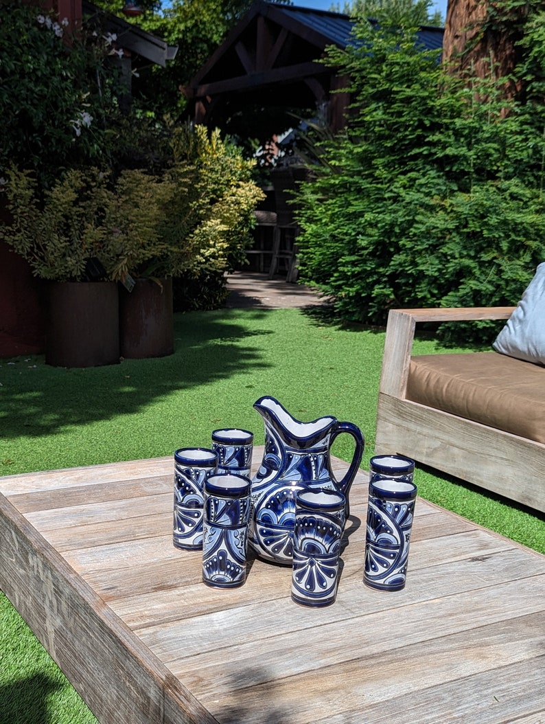 Talavera Ceramic Pitcher Set, Handmade Mexican Pottery, Blue & White ...