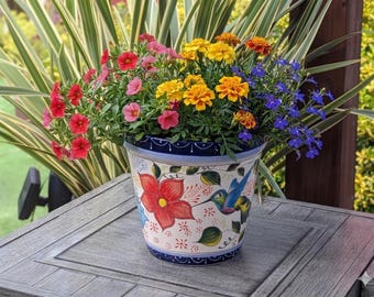 Hummingbird Planter, Hand-painted Mexican Ceramic Flower Pot in 4
