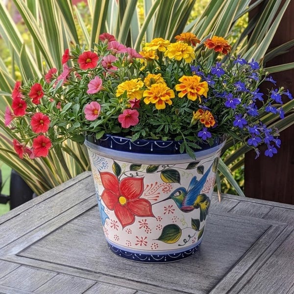 Hummingbird Planter, Hand-painted Mexican Ceramic Flower Pot in 4 Sizes