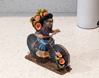 Handmade Gift | Woman on Bicycle with Lillies Original Folk Art & Clay Figurine, Unique Home Decor from Oaxaca, Mexico by Jose Juan Aguilar