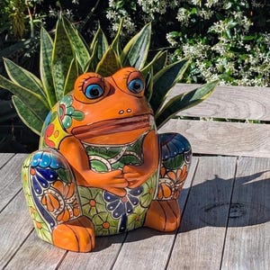 Può includere: Una fioriera a forma di rana in ceramica con vivaci motivi floreali arancioni, blu, verdi e gialli. La rana ha grandi occhi blu e si trova su un tavolo di legno. La fioriera è progettata per contenere una piccola pianta.