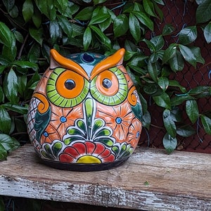 Talavera Owl Planter | 20 cm handgjord mexikansk blomkruka i keramik | Utomhusdekor