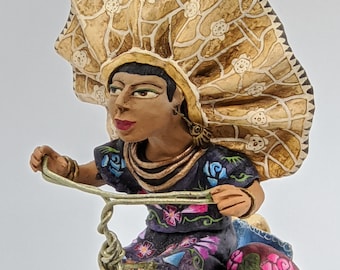 Handmade Gift | Woman on Bicycle with Hat Original Folk Art & Clay Figurine, Unique Home Decor from Oaxaca, Mexico by Jose Juan Aguilar