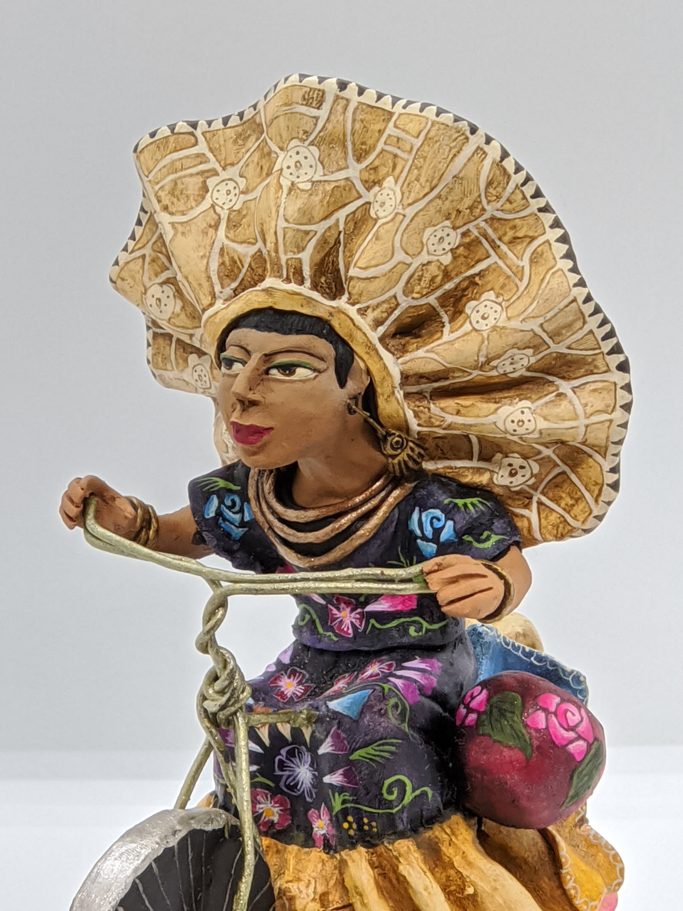 Handmade Gift | Woman on Bicycle With Hat Original Folk Art