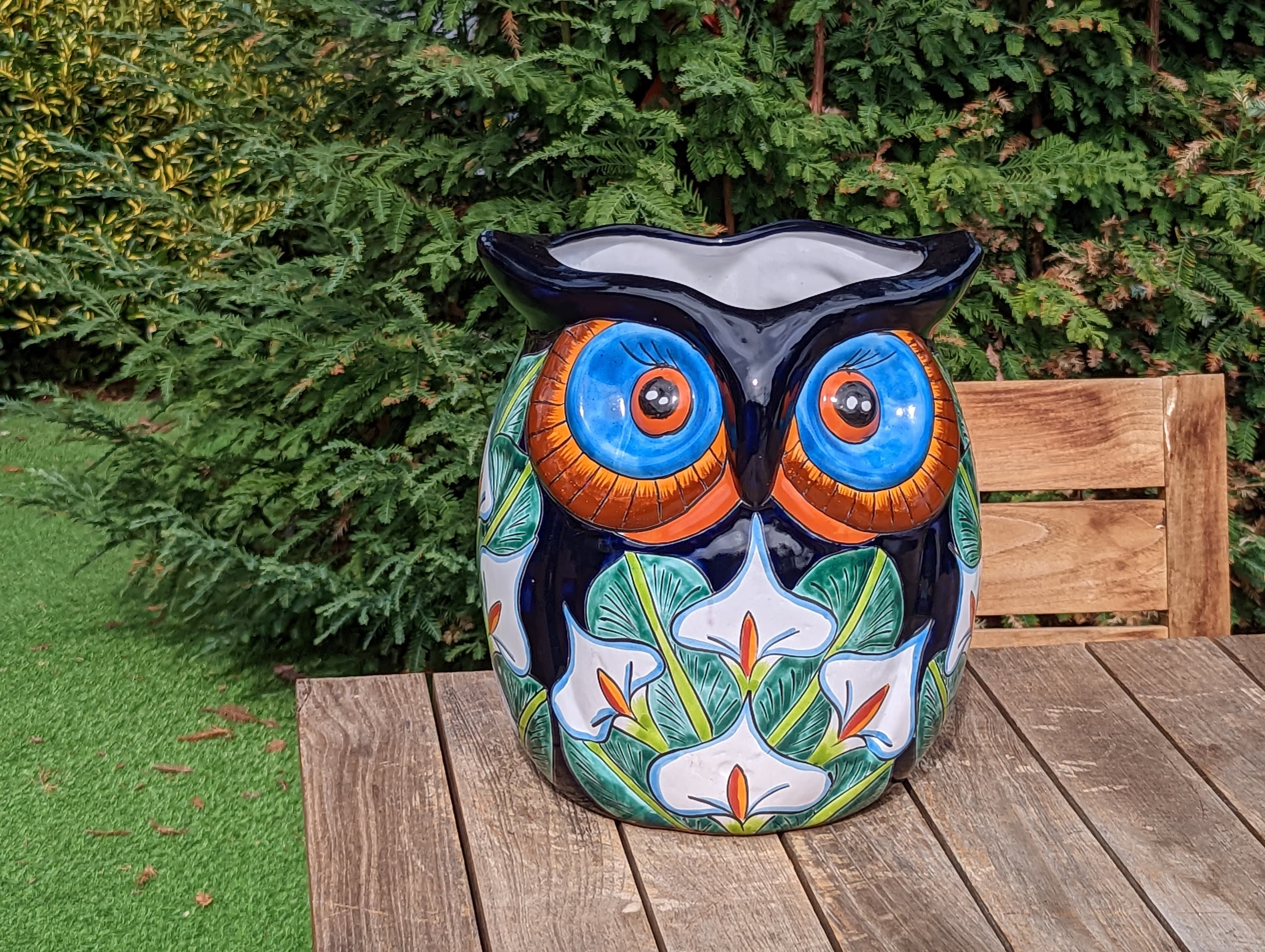 Nooralam Handmade Mexican Talavera Extra Large Ceramic Owl Flower Pot  Planter