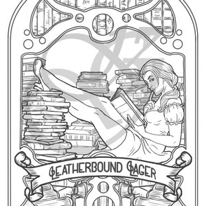 May include: A black and white illustration of a woman sitting in a chair surrounded by stacks of books. She is reading a book and has her legs crossed. The text "Featherbound Lager" is written on a banner above her.