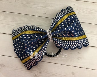 Scalloped Cheer Bow - Tailless Scalloped Cheer Bow - Navy and Gold Rhinestone Cheer Bow - Gold and Navy Blue Cheer Bow - Competition Bow