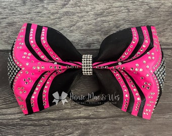 Cheer Bow - Satin Tailless Cheer Bow - Competition Cheer bow - Black and Neon Pink