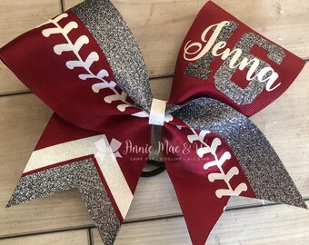 Burgundy Softball Bow - Black Silver Glitter