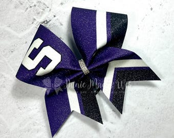 Sideline Cheer Bow - Team Cheer Bows - Cheerleading Team Bows - White cheerleading bows with your choice of 2 accent colors- black, purple