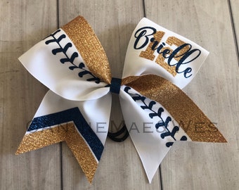 Softball Bow- White bow with your choice of 2 glitter colors