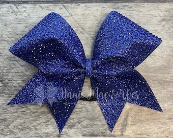 Glitter and Rhinestone Cheer Bow - Cobalt on Royal Blue