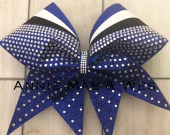 Rhinestone Competition Cheer Bow - Royal Blue and black rhinestone cheer bow - rhinestone cheer bows