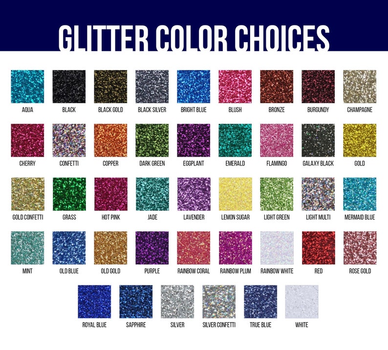 Op de afbeelding: Een kaart met 36 verschillende glitterkleuren. De kleuren zijn gerangschikt in rijen en kolommen. De kleuren omvatten aqua, zwart, zwart goud, zwart zilver, helderblauw, blos, brons, bordeauxrood, champagne, kers, confetti, koper, donkergroen, aubergine, smaragd, flamingo, galaxy zwart, goud, goud confetti, gras, roze, jade, lavendel, citroensuiker, lichtgroen, licht multi, zeemeerminblauw, munt, oud blauw, oud goud, paars, regenboogkoraal, regenboogpruim, regenboogwit, rood, roosgoud, koninklijk blauw, saffier, zilver, zilver confetti, true blue en wit.