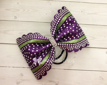 Scalloped Cheer Bow - Tailless Scalloped Cheer Bow - Purple Rhinestone Cheer Bow - Purple and Lime  Cheer Bow - Competition Bow