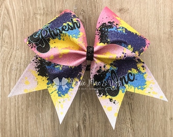 Custom Cheer bow Paint splatter cheer bow - Monogrammed Paint Splatter cheer bow - pink and blue cheer bow birthday cheer bows