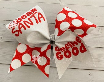 Christmas cheer bow - Santa Cheer Bow - red and White Cheer bow - dear santa define good