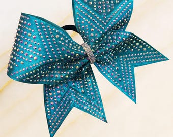 Custom Rhinestone Cheer Bow, Premium Team Cheer Bow, Mystique Fabric Competition Bow, Uniform Matching Cheer Bow