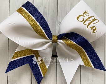 Cheer Bow - Softball Bow - White Bow with your choice of 2 glitter colors - Shown in Sapphire and Gold Glitter