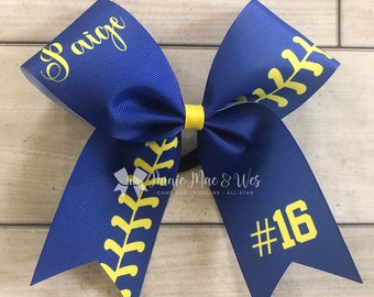 Navy and Yellow Softball bow - softball bows - long tail softball bow - collegiate style bow - 2.25" ribbon bow - navy