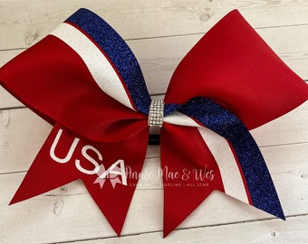 USA Cheer Bow - Red White and Blue Cheer Bow - Glitter Cheer Bow - Glitter Cheer Bows - 4th of July