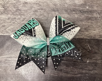 Competition Bow - Black Teal Cheer Bow - Bling Cheer Bow - Rhinestones - Black and Blue Cheer Bow