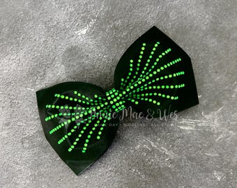 All Star Cheer Bow, Satin Tailless 8x4, Neon Fluorescent Rhinestones, Competition Practice, No Metal Elastic, Custom Team Colors