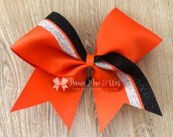 Orange cheer bow - Your choice of ribbon and top glitter color - silver glitter is default bottom stripe