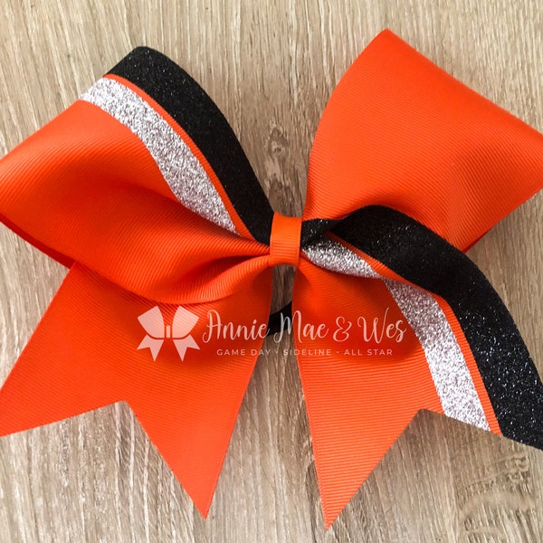 Orange cheer bow - Your choice of ribbon and top glitter color - silver glitter is default bottom stripe