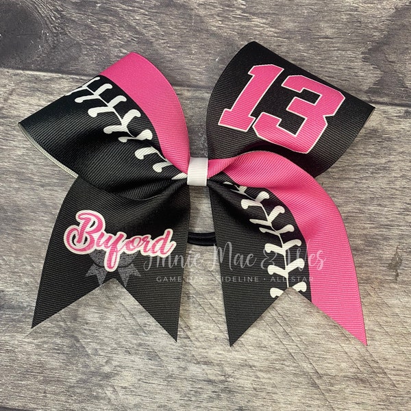 Softball team cheer bow - your choice of colors - shown in black and hot pink