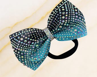 Luxe Team Cheer Bow, Tailless Rhinestone Competition Bow, Custom Glitter Cheer Bow, Full Size or Mini Space Bun Bow