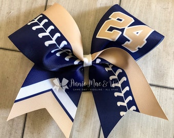 Navy blue and gold team softball bows - Navy blue softball bows